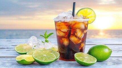  A wooden table holds a refreshing glass of ice tea with juicy limes basking under a serene sunset