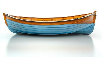   A blue-brown boat rests atop a white table near a black-brown catamaran