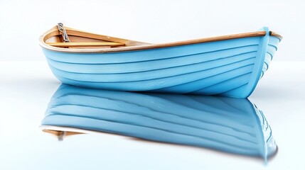   A blue boat floating on water with a wooden paddle boat nearby on a white background