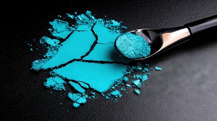   A close-up of blue powder on a black surface, with a brush nearby