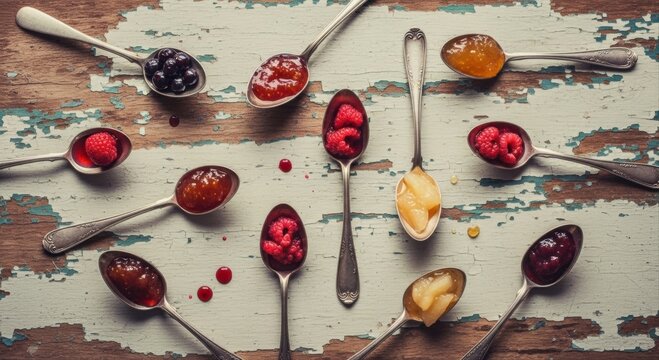Assortment of Fruit Jams and Fresh Berries on Vintage Silver Spoons on a Rustic Wooden Table