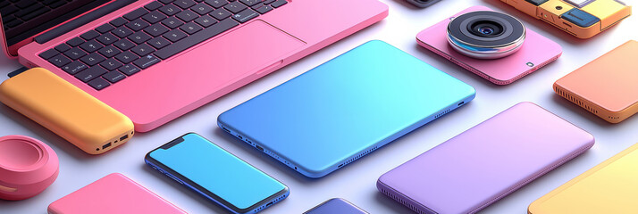 Bright graphic layouts showcasing modern tech accessories in vibrant colors for advertising