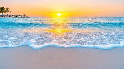   The sun sets over the ocean with a beach in the foreground and palm trees in the distance