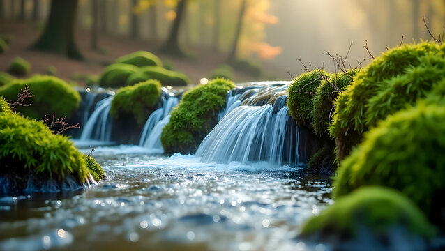 Slow-Motion Water Cascading Over Moss-Covered Rocks - Powered by Adobe