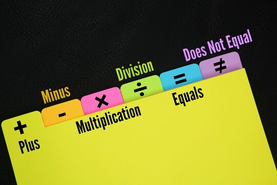 Six common math symbols are plus (+), minus (-), equals (=), does not equal (≠), multiplication (×), and division (÷). These symbols are used to represent addition, subtraction, equality, inequality.