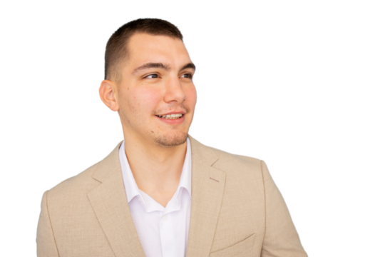 Confident businessperson wearing tailored suit, smiling and gazing upward, positioned against transparent backdrop