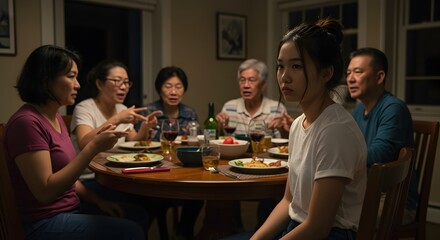 Neutral Reaction Represented by Calm Teen Quietly Detached From Intense Family Drama at Dinner