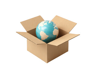 Global shipping concept earth globe in cardboard box