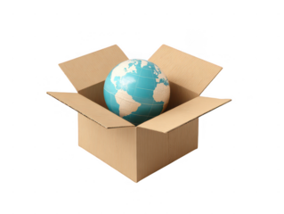 Global shipping concept earth globe in cardboard box
