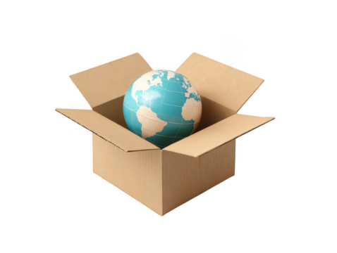 Global shipping concept earth globe in cardboard box