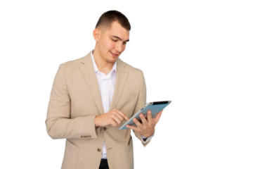 Professional worker analyzing digital tablet, engaging with modern technology, set against transparent backdrop