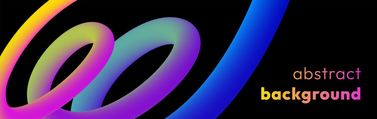 Vibrant abstract background with colorful gradient lines, smooth tubular shapes and black backdrop. Fluid vivid wavy rainbow ribbon in the form of loops or spirals. Trendy dynamic futuristic banner