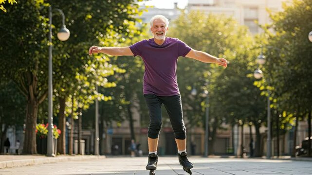 An elderly person rollerblading outdoors on a sunny day