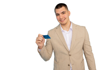 Professional businessman smiling, holding credit card, symbolizing digital banking and financial confidence against clean transparent backdrop