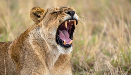 Majestic Lioness Yawning Widely Showing Teeth in African Savannah Grassland