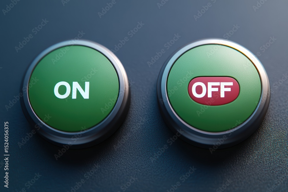 Poster green on button and red off button displayed side by side for device control