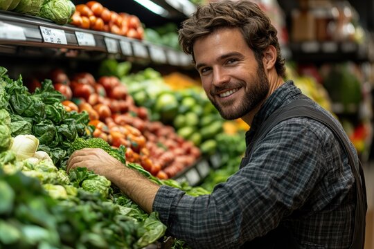 Smiling grocer arranging fresh produce in a vibrant grocery store