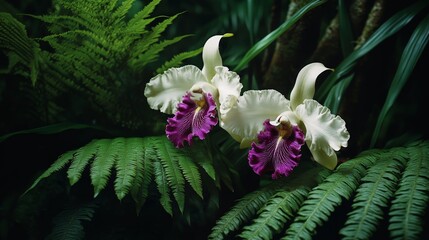 Close-Up of Two White and Purple Orchid Flowers