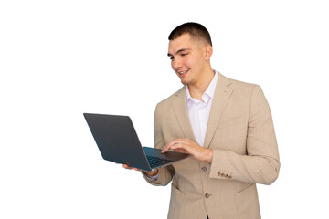 Young businessman smiling while typing on a laptop, showcasing professional skills in a modern, transparent background setting