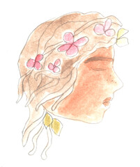Head of a young woman in profile, side view, with flowers in her hair. Watercolor illustration, hand drawn modern freehand new