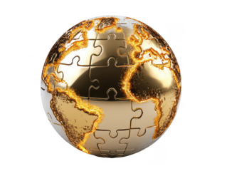 Golden puzzle globe with glowing continental dividers