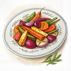 Roasted vegetables in pencil sketch retro style in black and white for culinary illustration or vintage menu design


