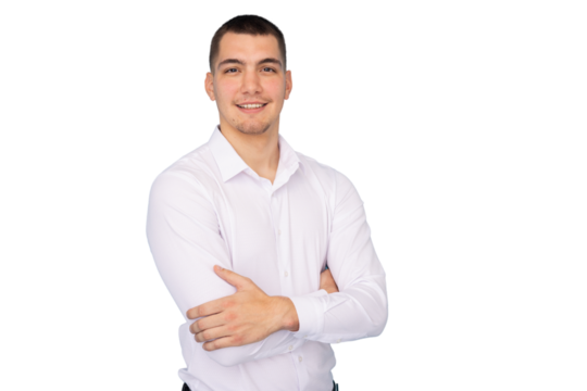 Confident businessman smiling, arms crossed, standing against transparent backdrop, ready for graphic design projects