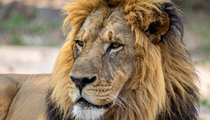 Fototapeta premium Majestic male lion portrait, gazing with intensity in the wilderness scene