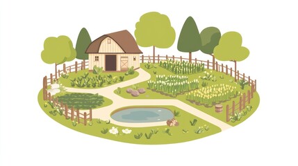 Rural farm scene, colorful illustration