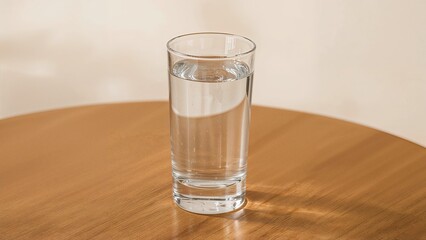 Glass of fresh clean water on a wooden table.