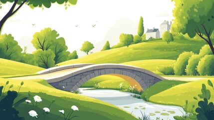 Lush landscape with a stone bridge