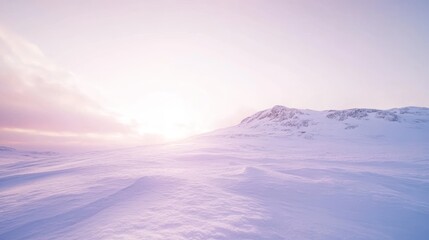 A serene winter landscape at sunrise.  Soft hues of pink and white