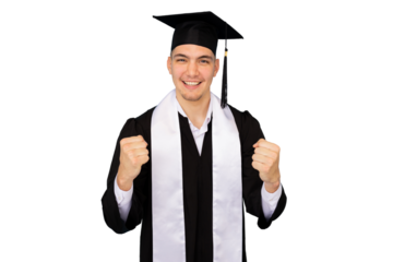 Graduate celebrating academic success, raising clenched fists with wide smile, wearing traditional black graduation gown and cap on transparent backdrop
