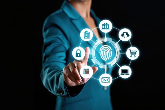 Businesswoman using fingerprint identification for secure access to online banking shopping and data management on a digital interface