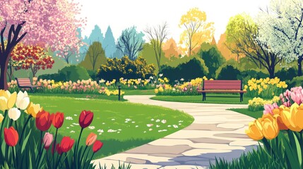 Spring park scene with colorful flowers and pathway