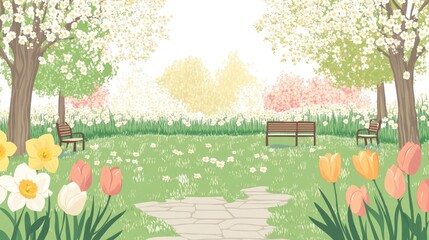 Spring park scene with blossoming trees and flowers