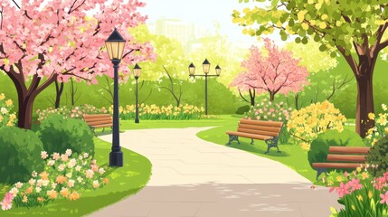 A springtime park scene with winding path, blossoming trees, and park benches