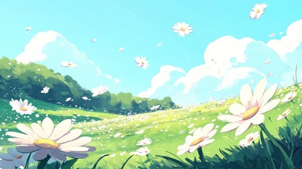 A meadow of daisies under a vibrant sky