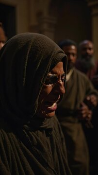 Jairus' wife is mourning their dead daughter, before Jesus comes to ressurect her.