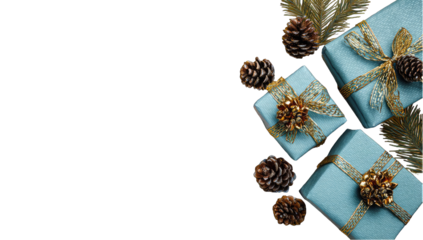 Light teal gift boxes, adorned with gold ribbon and pinecones, arranged against a dark background