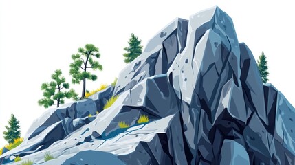 Rocky mountain with sparse green trees on slopes against a white background