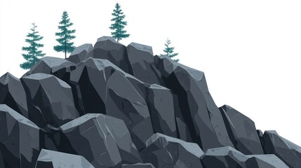 Rocky mountain illustration with evergreen trees atop, against a clear white sky