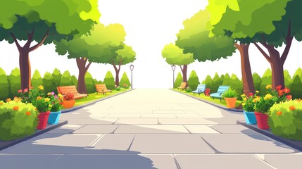 Sunlit park path with vibrant trees, benches, and flowers; cartoon-like illustration