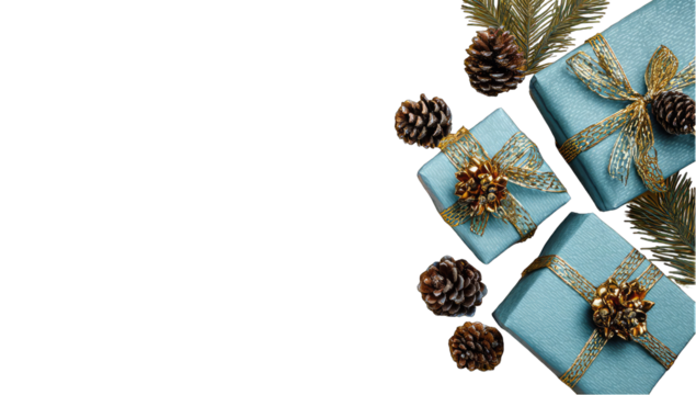 Light teal gift boxes, adorned with gold ribbon and pinecones, arranged against a dark background