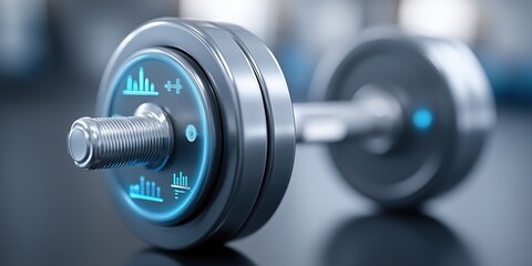 Smart fitness dumbbell with digital screen displaying data and stats.