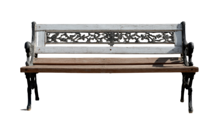 Elegant Bench: An inviting outdoor bench with ornate detailing, combining wood and metal, perfect for relaxation.