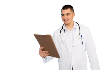 Young male doctor in lab coat with stethoscope around neck smiling while reading notes on a clipboard, isolated on transparent background