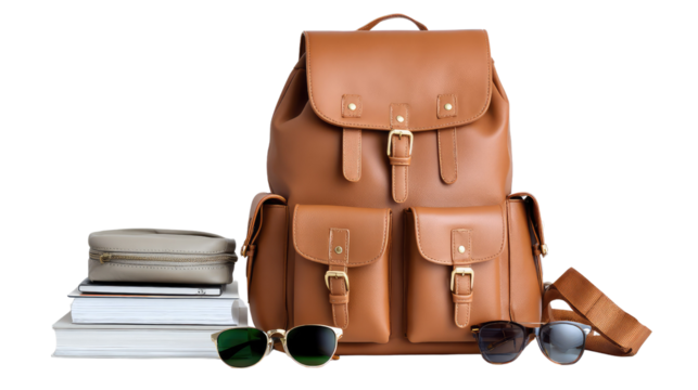 Stylish Leather Backpack and Accessories: A sophisticated brown leather backpack is the centerpiece, complemented by a pencil case, sunglasses, and books, styled to suggest preparation or travel.