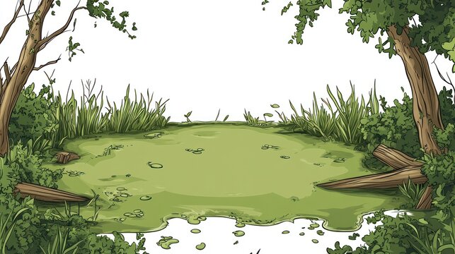 Murky pond surrounded by lush greenery, tree trunks, and dense foliage on either side