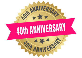 40th anniversary. 40th anniversary round pink and gold label isolated on transparent background